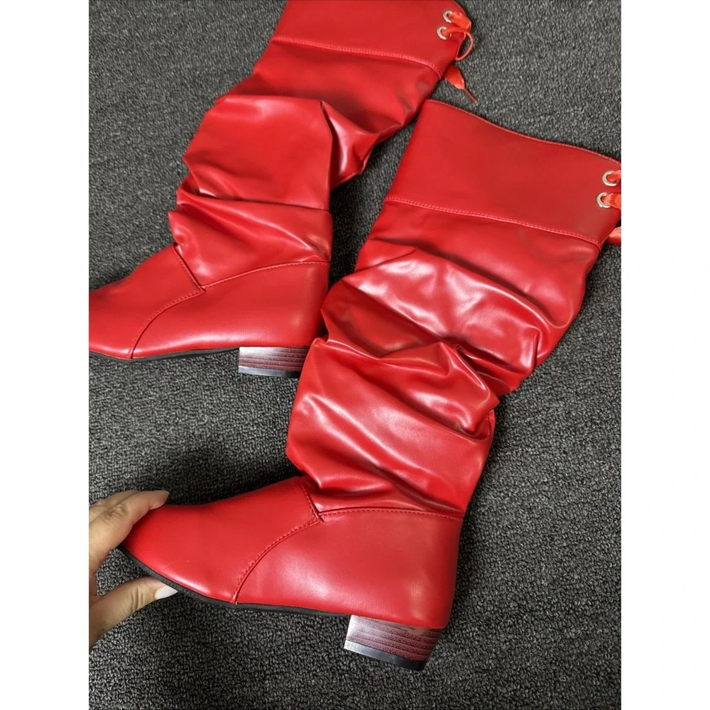 Women's Pull On Knee High Boots RED Shiny Faux Leather w/Decorative Ties 39 1109